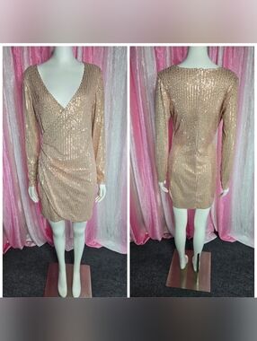Sequin Beige Wrap Rouched Stretch Lined Club Party Cocktail Dress Size Medium